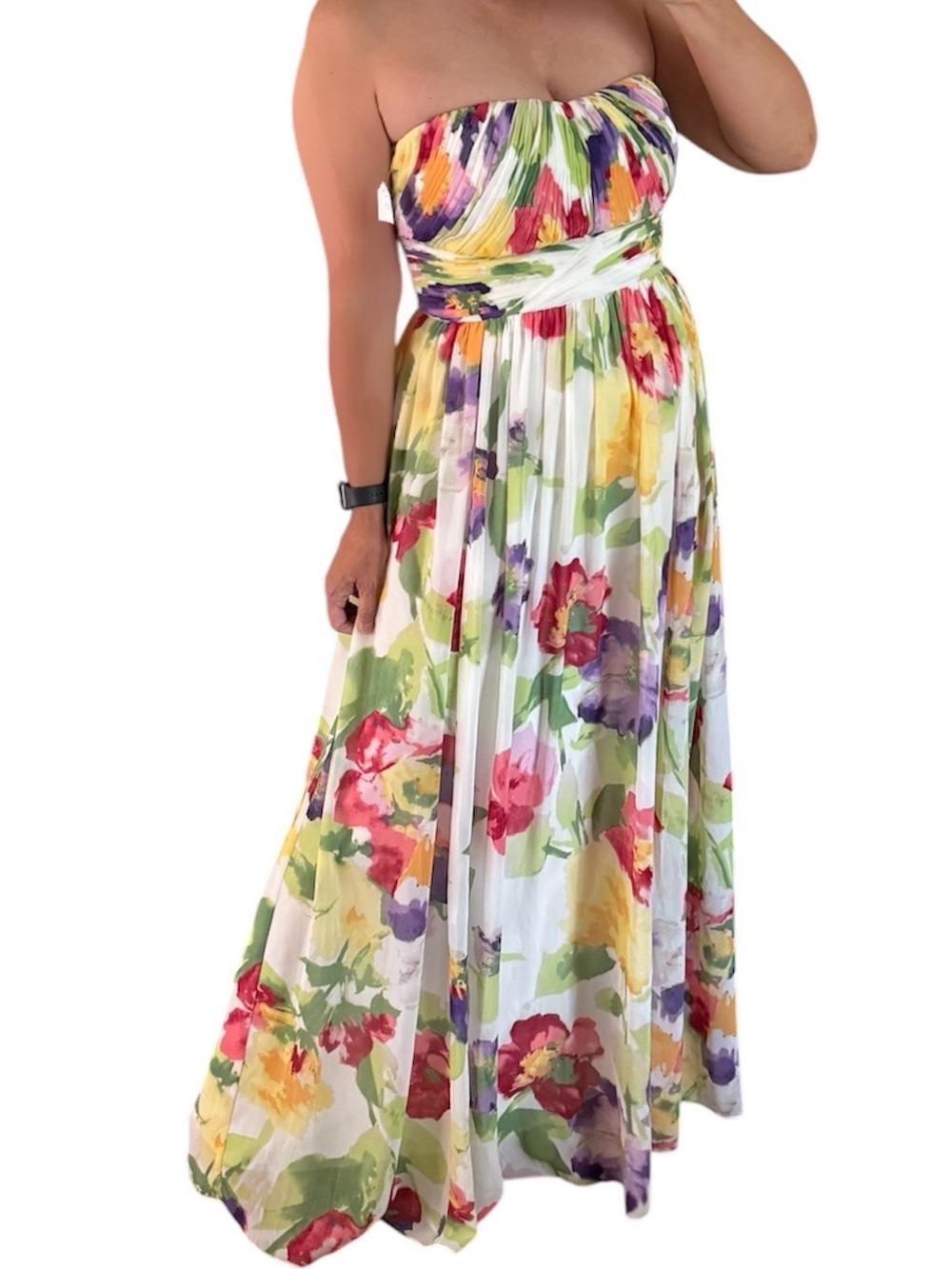 NWT Lauren Ralph Lauren Evening Floral Multicolor Chiffon Ruched Strapless Gown.